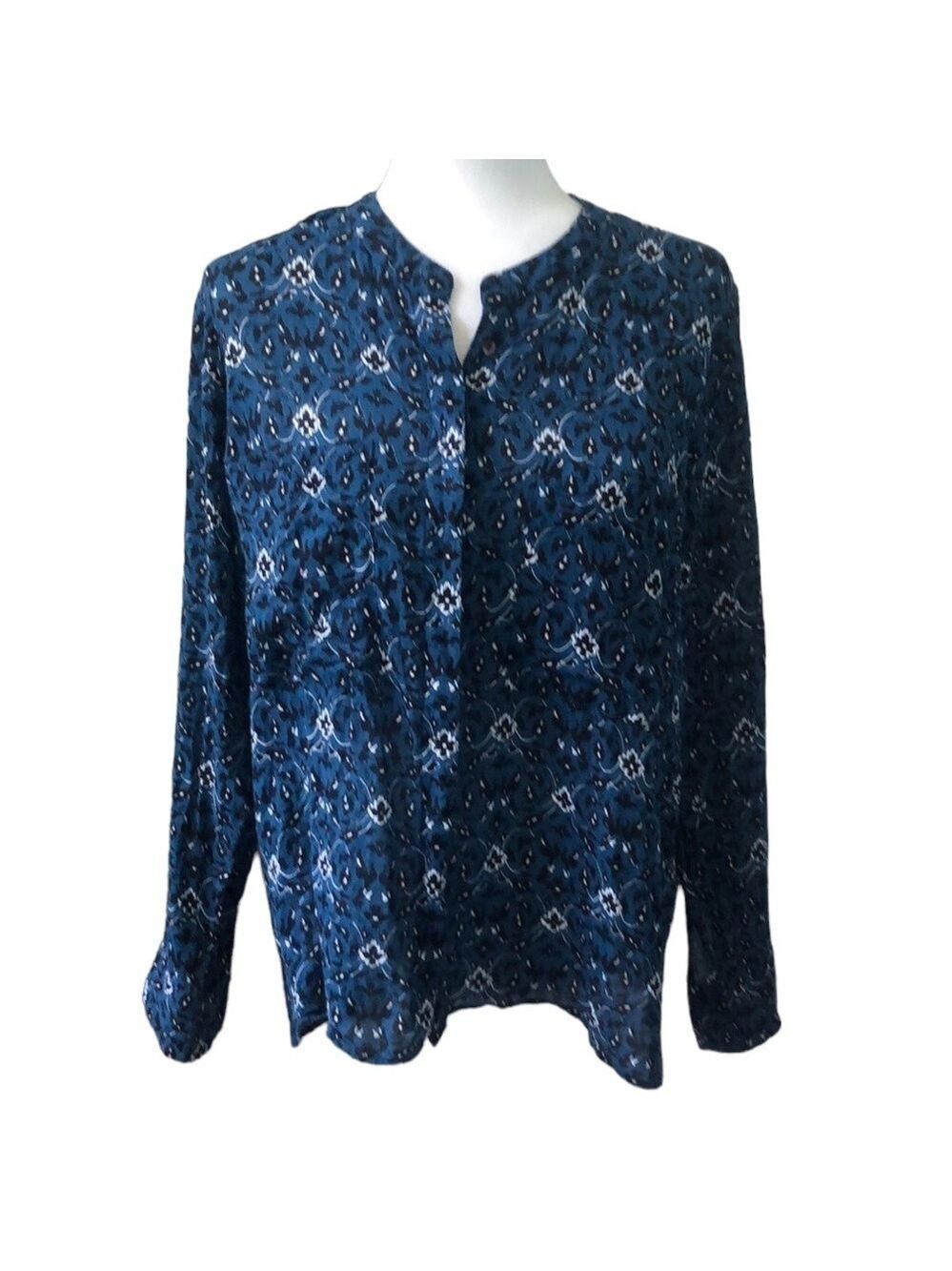 Roller Rabbit Indigo Blue Damask Lightweight Long Sleeve Blouse Medium
